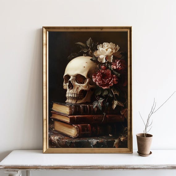 Gothic Skull Painting Wall Art Dark Academia Study Room Decor Home Print Sg258