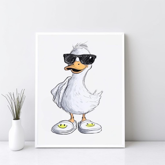 Cute Duck Drawing Wall Art Funny Bathroom Decor Quirky Print In Slippers Poster Sg286