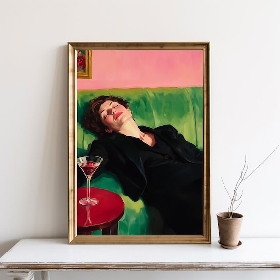 Woman Lounging On Green Couch With Cocktail Bold Modern Painting Poster