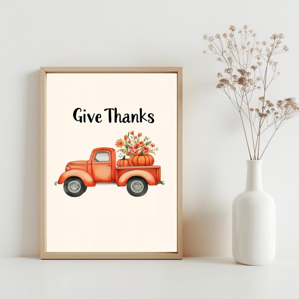 Give Thanks Vintage Red Pickup Truck Pumpkins Fall Decor Poster