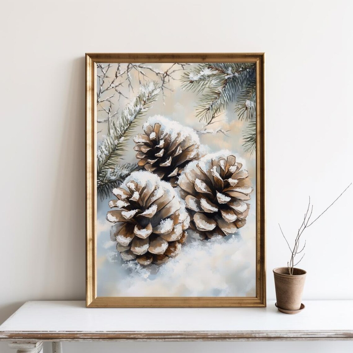 Snowy Pinecone Winter Watercolor Painting Christmas Holiday Botanical Poster