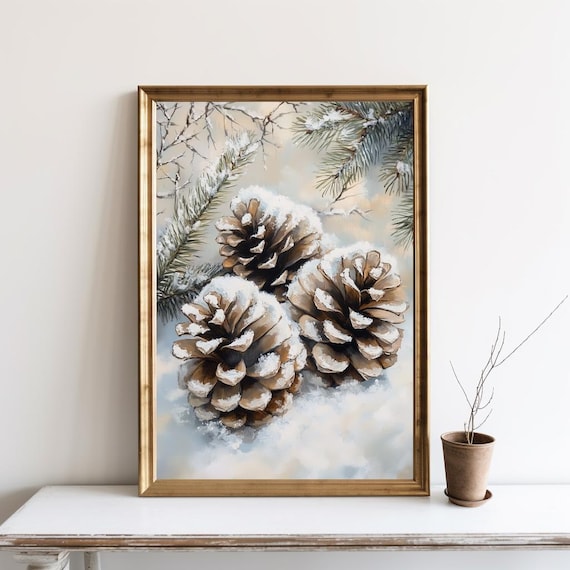 Snowy Pinecone Winter Watercolor Painting Christmas Holiday Botanical Poster