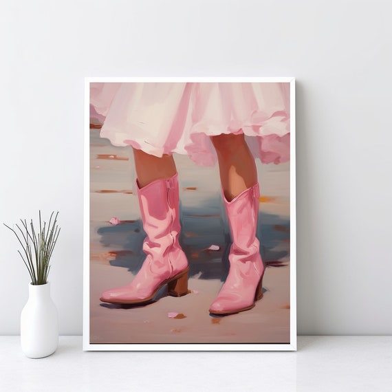 Girly Western Wall Art Retro Print Pink Apartment Painting 1950s Boots Decor Jpg Sg46