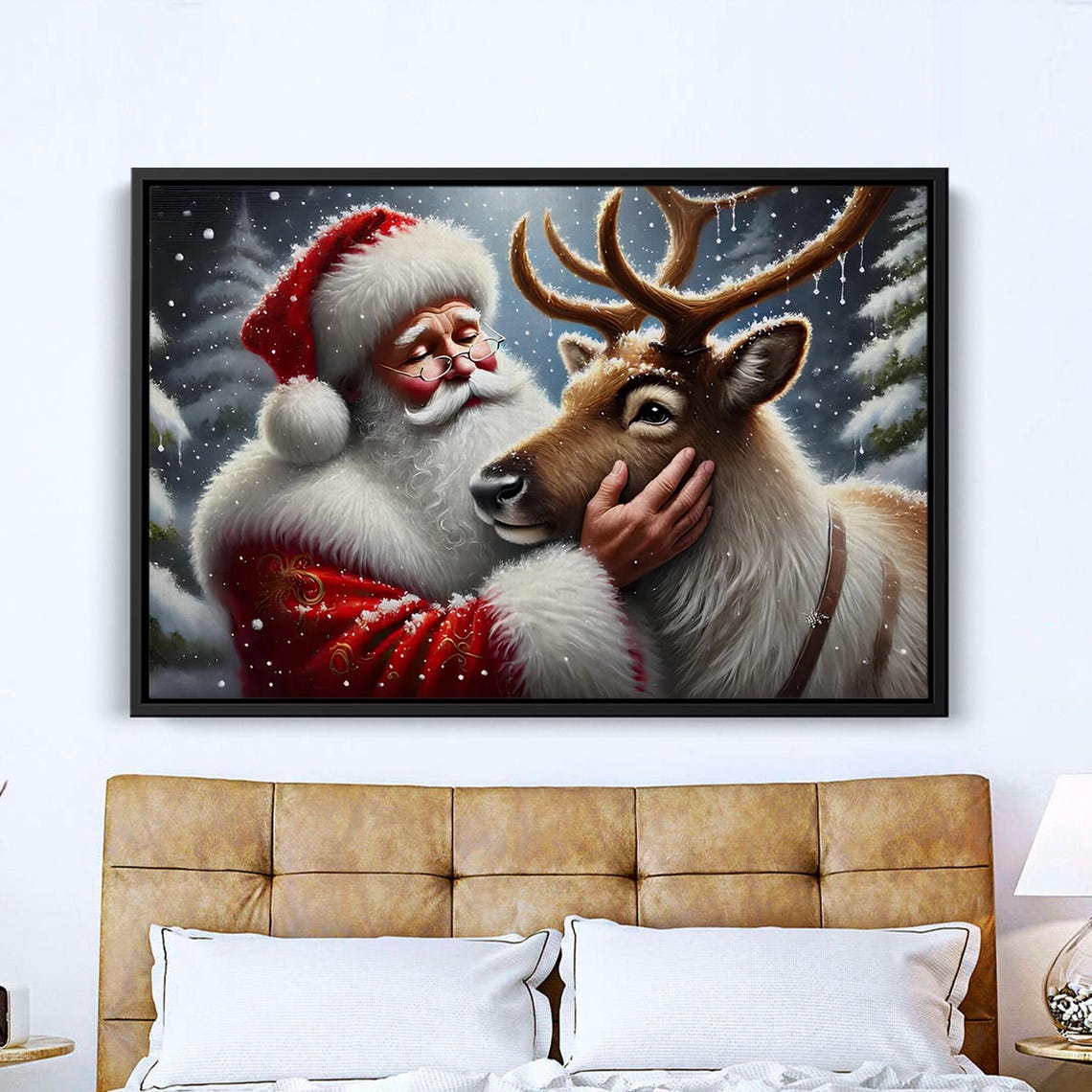 Santa Claus Loving Reindeer Hug Snowy Christmas Winter Poster