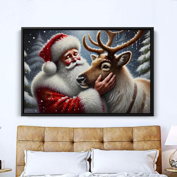 Santa Claus Loving Reindeer Hug Snowy Christmas Winter Poster