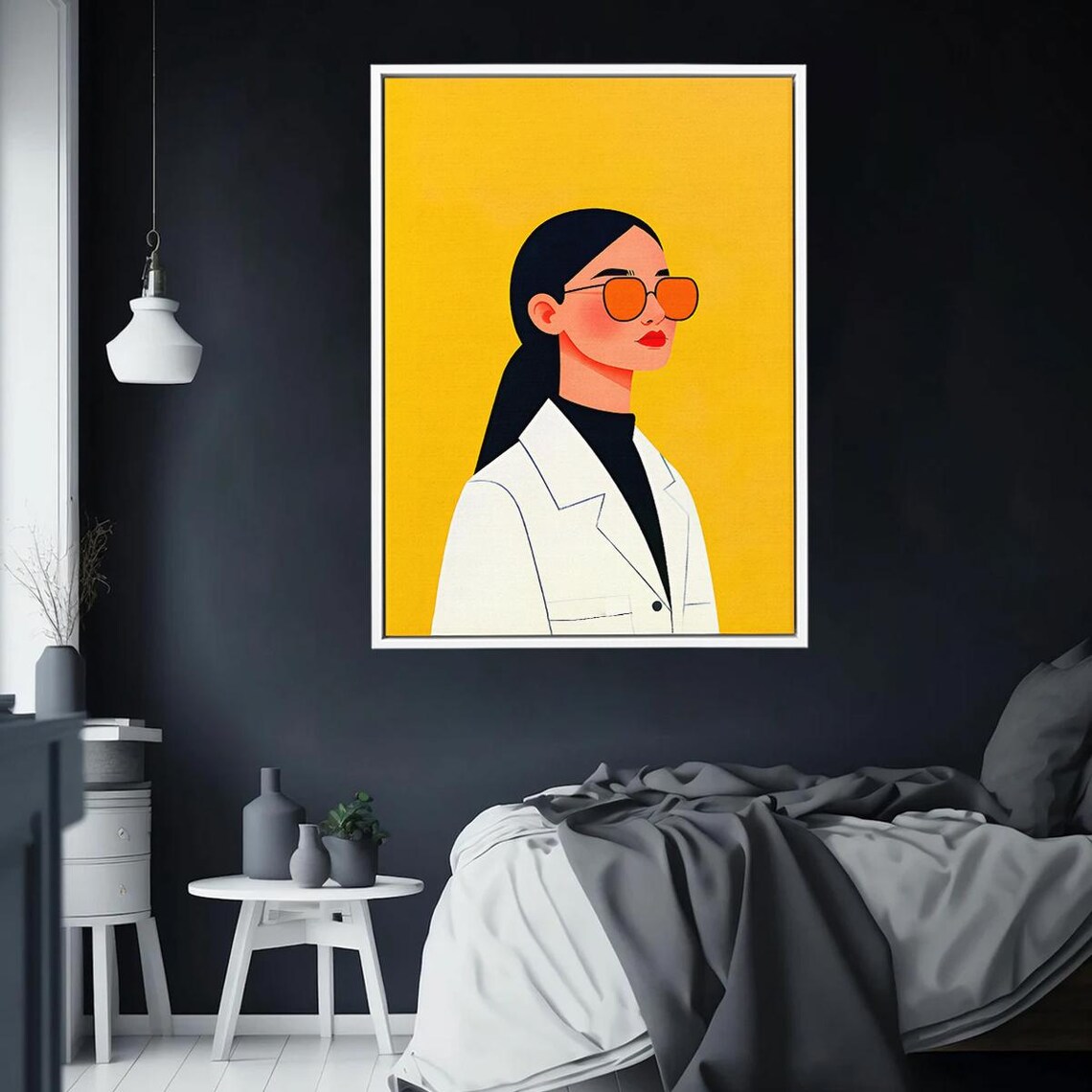 Stylish Woman Sunglasses Illustration Yellow Background Portrait Poster