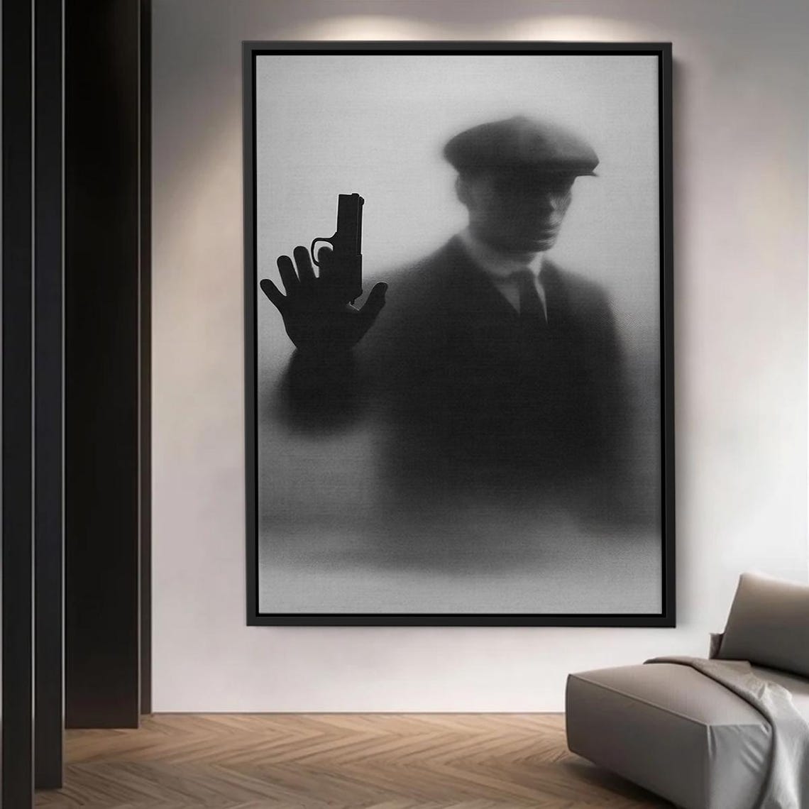 Moody Gangster Noir Shadow Flat Cap Pistol Black White Art Poster