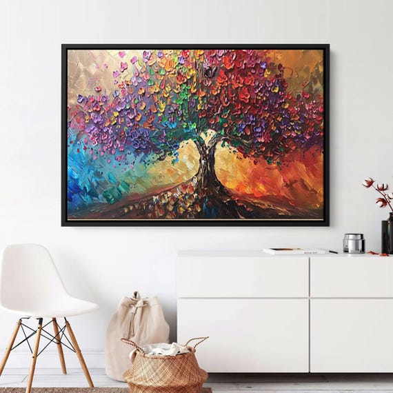 Colorful Abstract Tree Oil Painting On Canvas Textured Boho Wall Art For Bedroom Modern Living Room