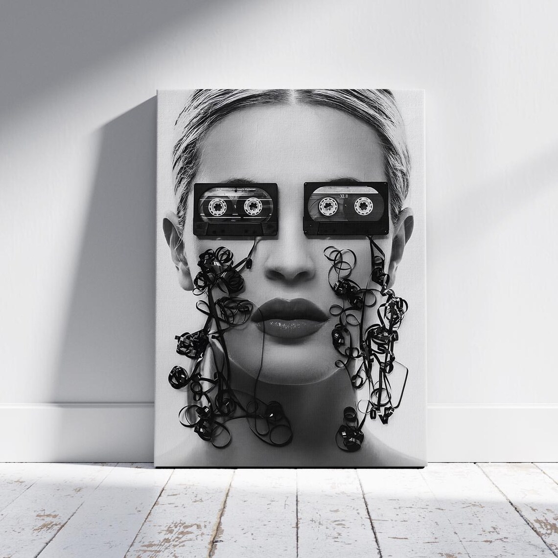 Surreal Cassette Tape Eyes Woman Portrait Retro Music Collage Poster