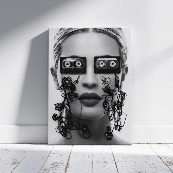Cassette Tape Face Surreal Wall Print Retro Portrait Canvas Art Black And White Abstract Music Lover Decor Modern Pop