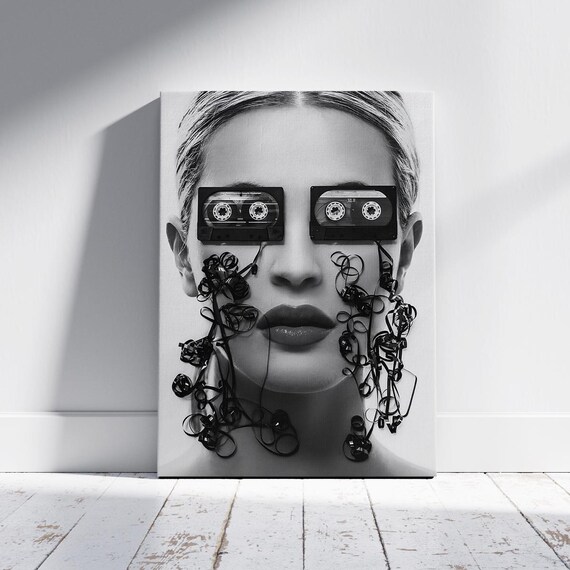 Surreal Cassette Tape Eyes Woman Portrait Retro Music Collage Poster