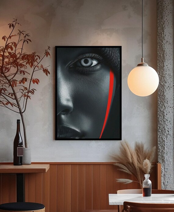Dramatic Woman Face Red Stripe Dark Moody Portrait Photography Poster