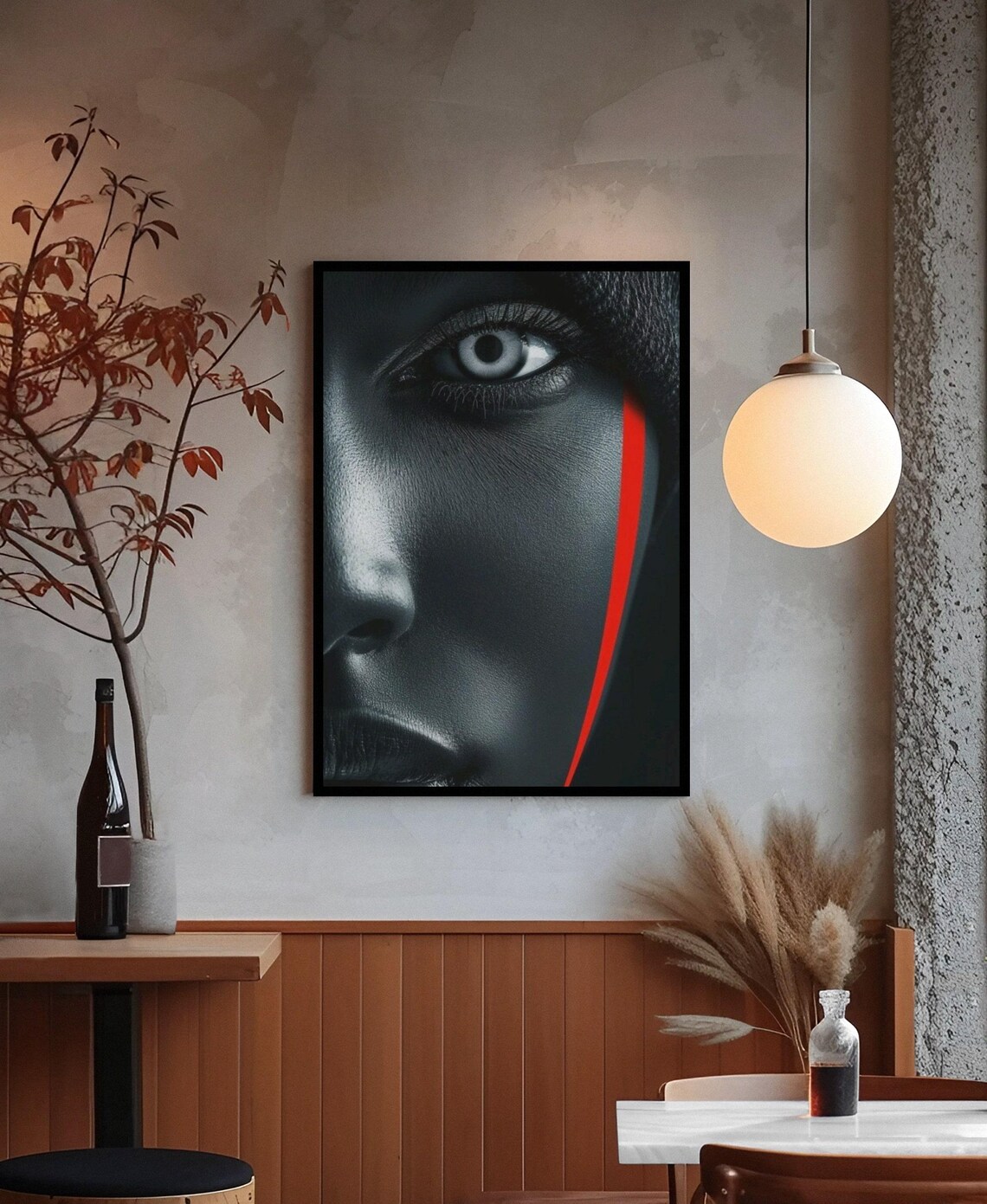 Dramatic Woman Face Red Stripe Dark Moody Portrait Photography Poster