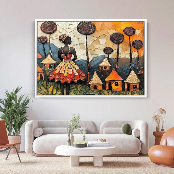 African Village Wall Art Colorful Mosaic Woman Canvas Tribal Home Decor Ethnic Painting Afrocentric Print Vibrant Folk Style