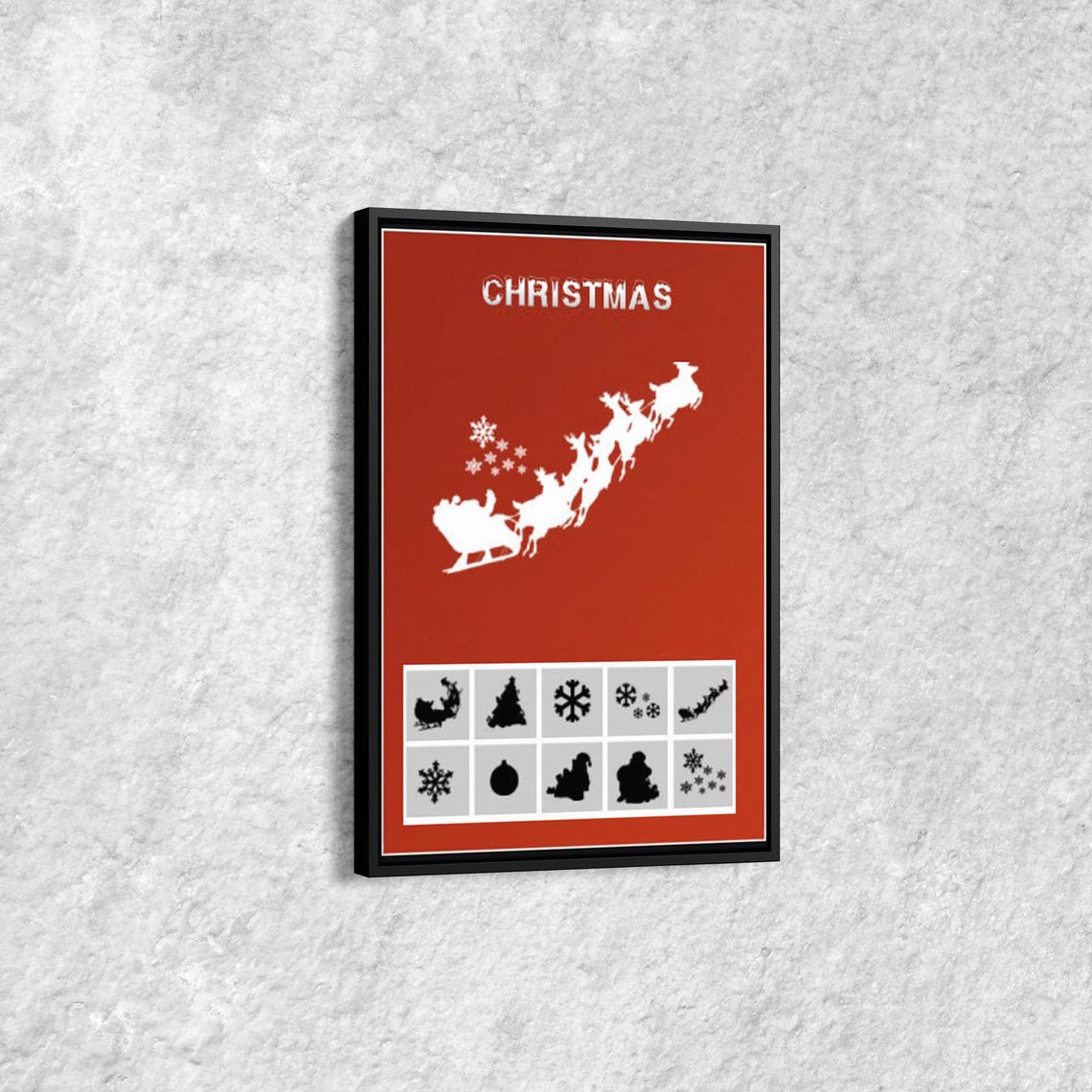 Red Christmas Santa Sleigh Silhouette With Snowflakes Minimalist Print