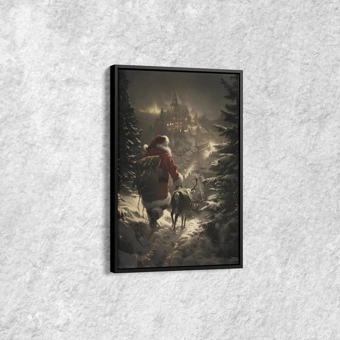 Santa And Reindeer Snowy Night Village Journey Christmas Poster