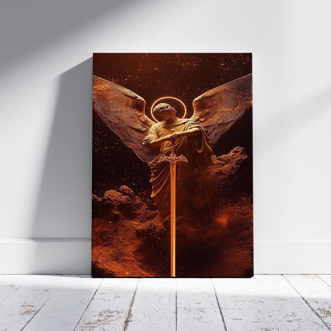 Golden Angel With Sword Cosmic Embers Heavenly Guardian Poster