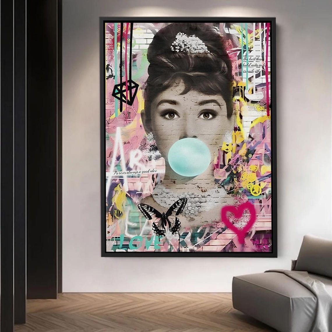 Audrey Hepburn Pop Art Bubblegum Graffiti Colorful Portrait Poster