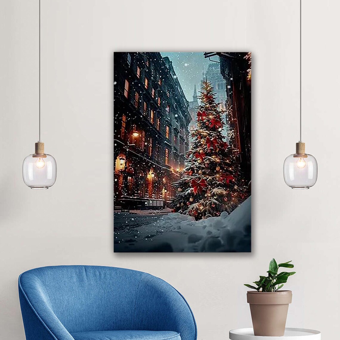 Christmas Tree Snowy City Street Night Holiday Winter Scene Poster