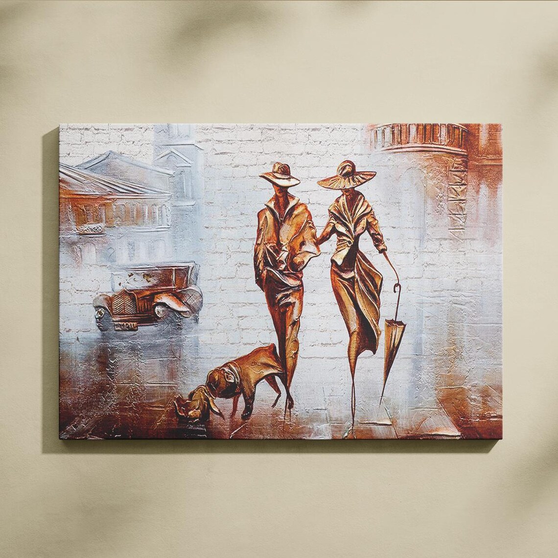 Vintage Romantic Couple Walking with Dog in Rainy City Poster