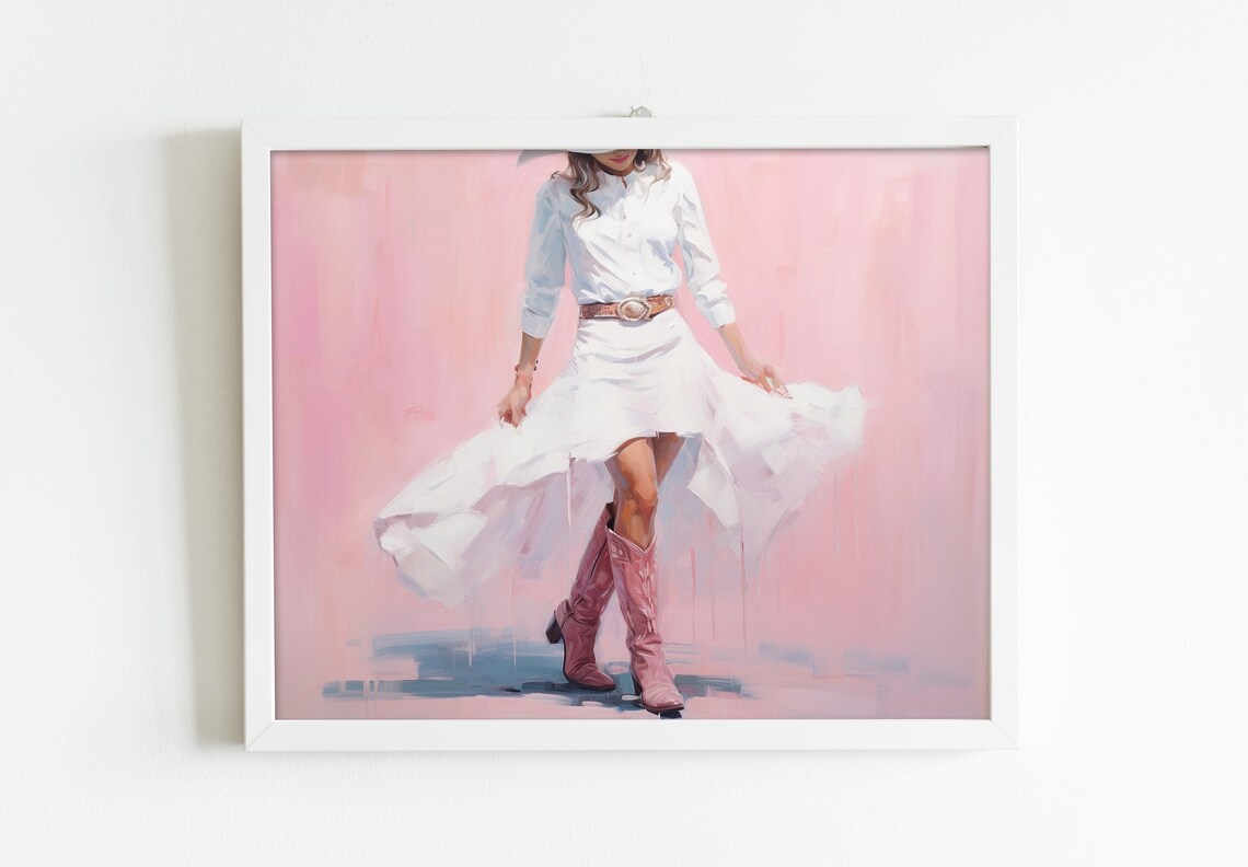 Western Cowgirl In Pink Boots Print Country Coastal Preppy Painting Poster Blush Boho Wall Art Decor Girly Teen Room Prints Framed Or Canvas