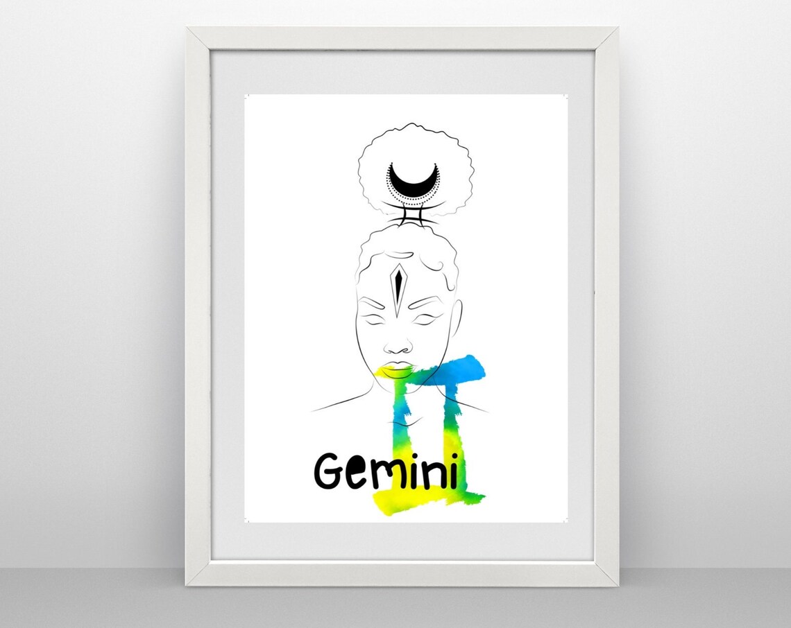 Gemini Zodiac Line Art Woman Watercolor Twin Glyph Star Sign Poster - Image 4