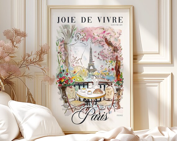 Joie De Vivre Paris Eiffel Tower Cafe Watercolor Travel Poster France