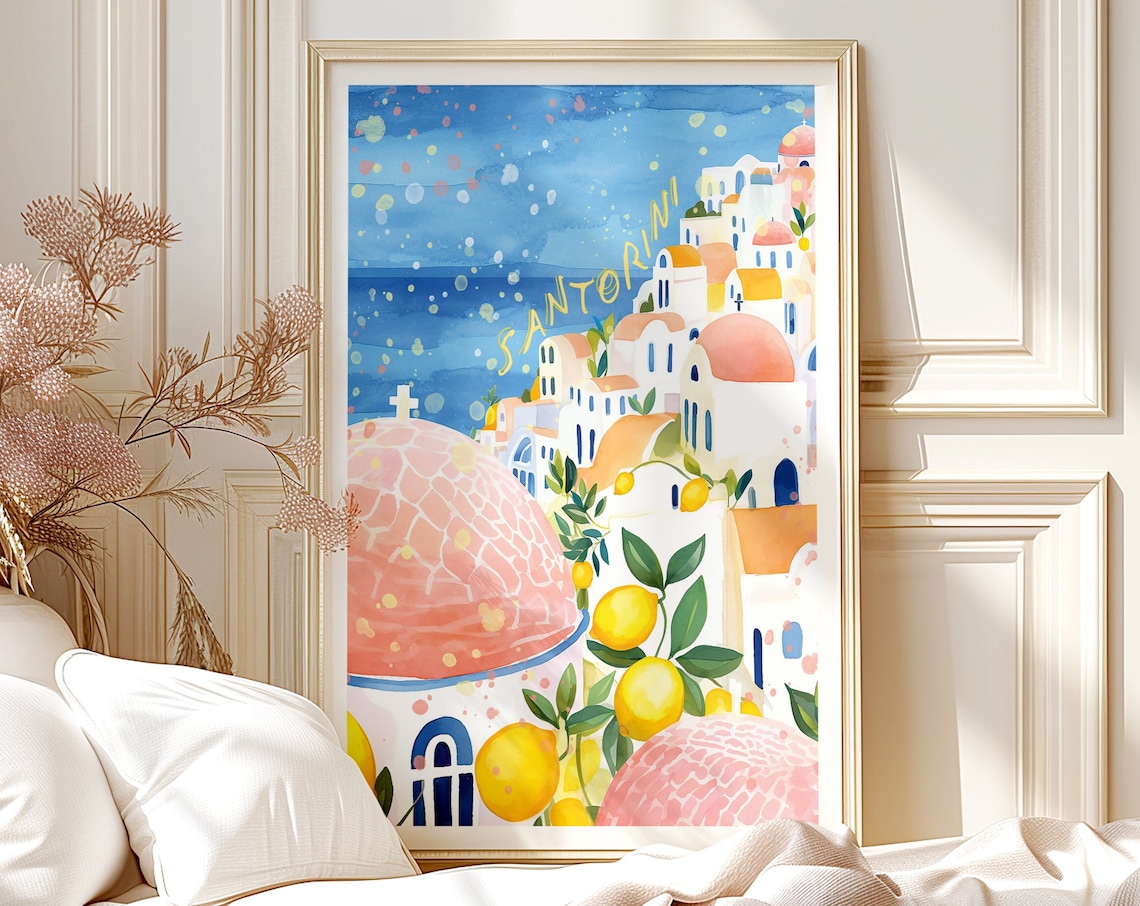 Santorini Greece Watercolor Travel Poster, Oia