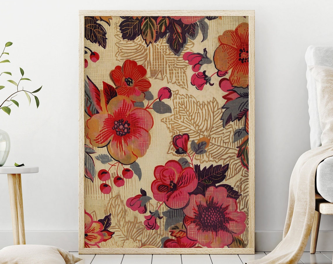 Vintage Roses Floral Pattern Antique Red Blossoms Boho Wall Art