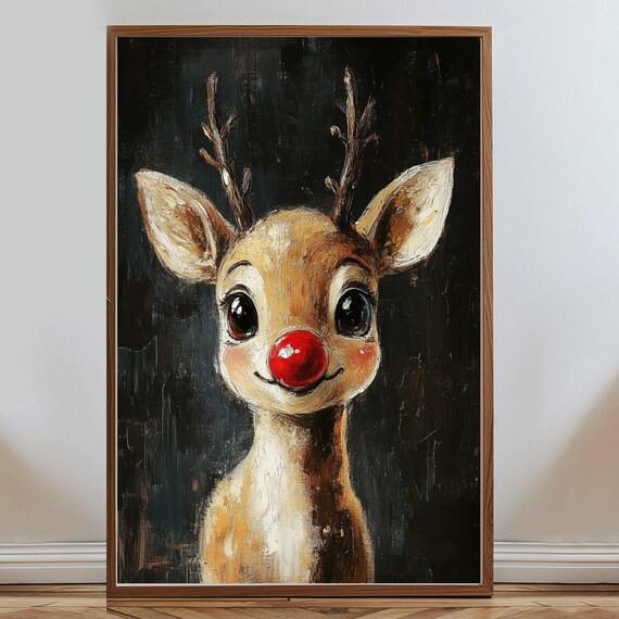Rudolph Poster Vintage Cute Reindeer Christmas Art Print Whimsical Holiday Wall Decor Cute Festive Rudolph Art Christmas