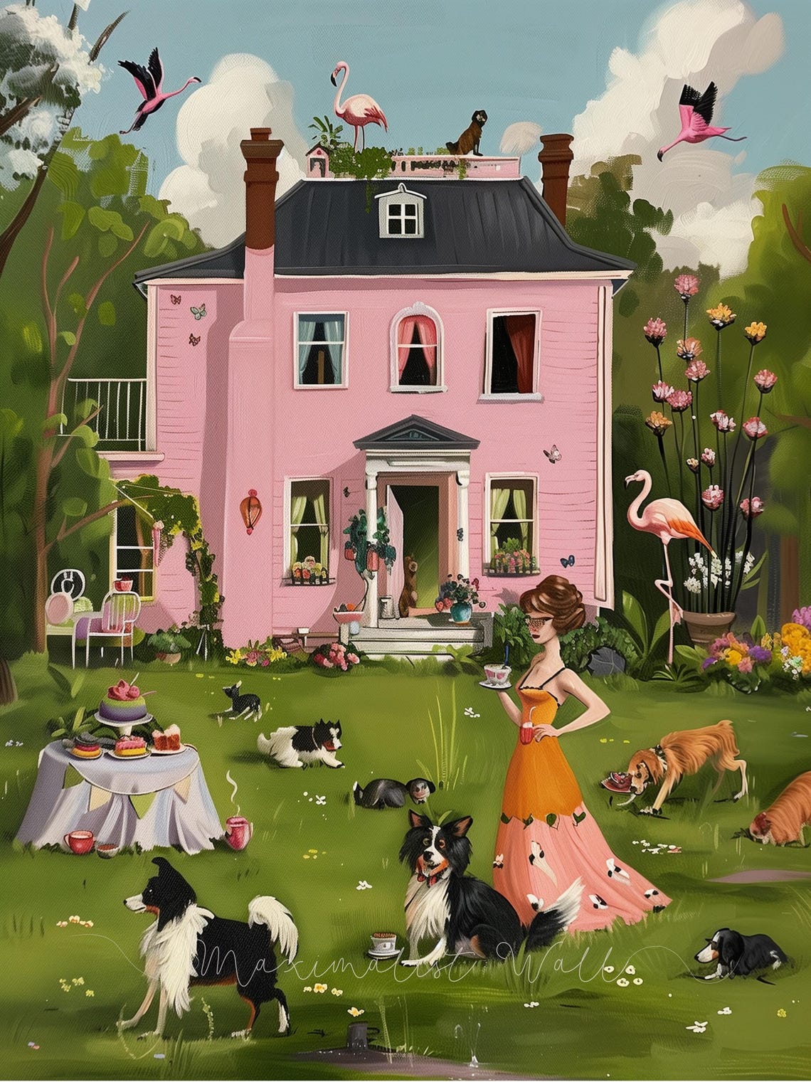 Garden Tea Party with Happy Dogs at a Pretty Pink Mansion Poster