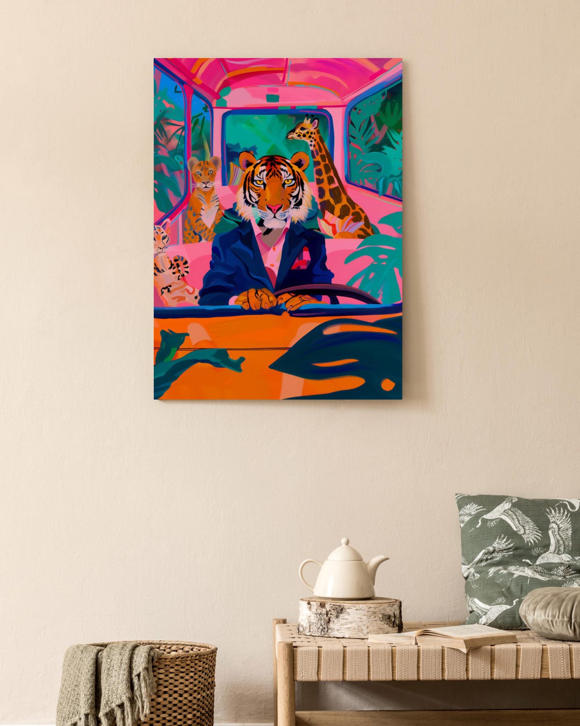 Dapper Tiger Driving a Car with Giraffe and Jungle Friends Poster - Image 2