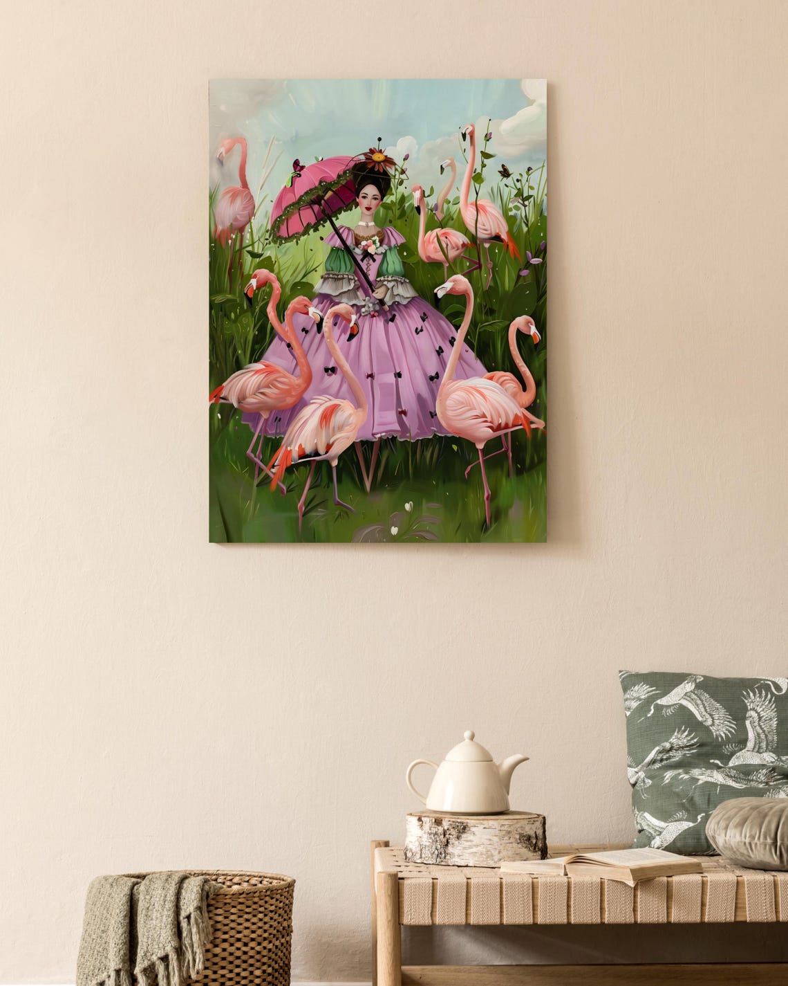 Lady with Pink Parasol Strolling through a Flock of Flamingos Poster - Image 2