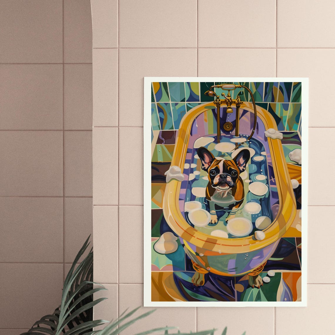 French Bulldog In Golden Bathtub Poster Playful Bathroom Artwork