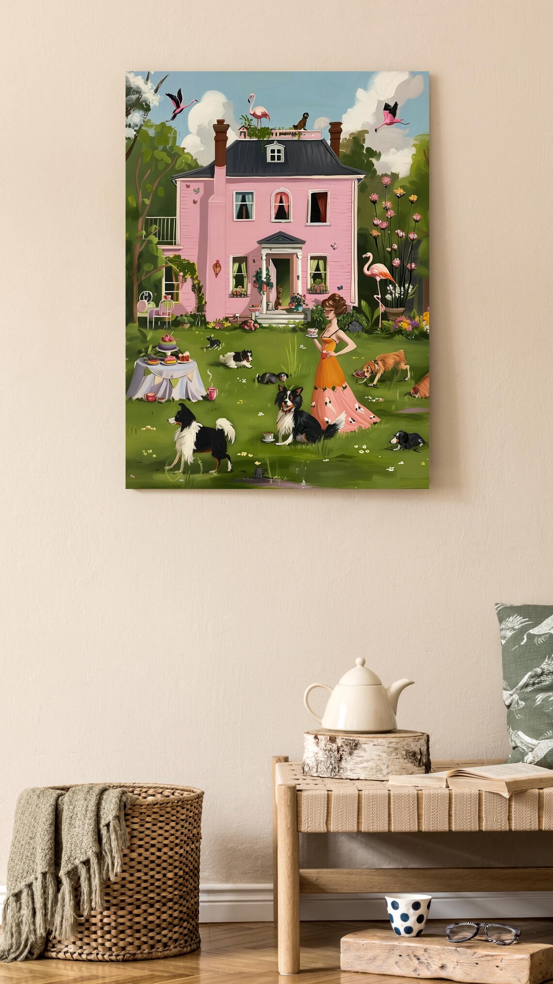 Dog Tea Party on the Lawn of a Pink House With Flamingos Poster - Image 2