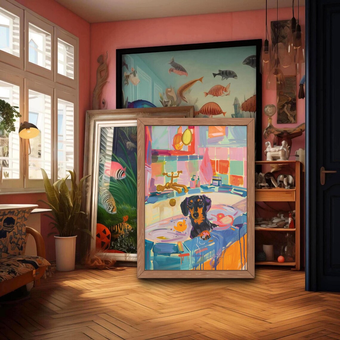 Dachshund Bathroom Maximalist Wall Art Poster