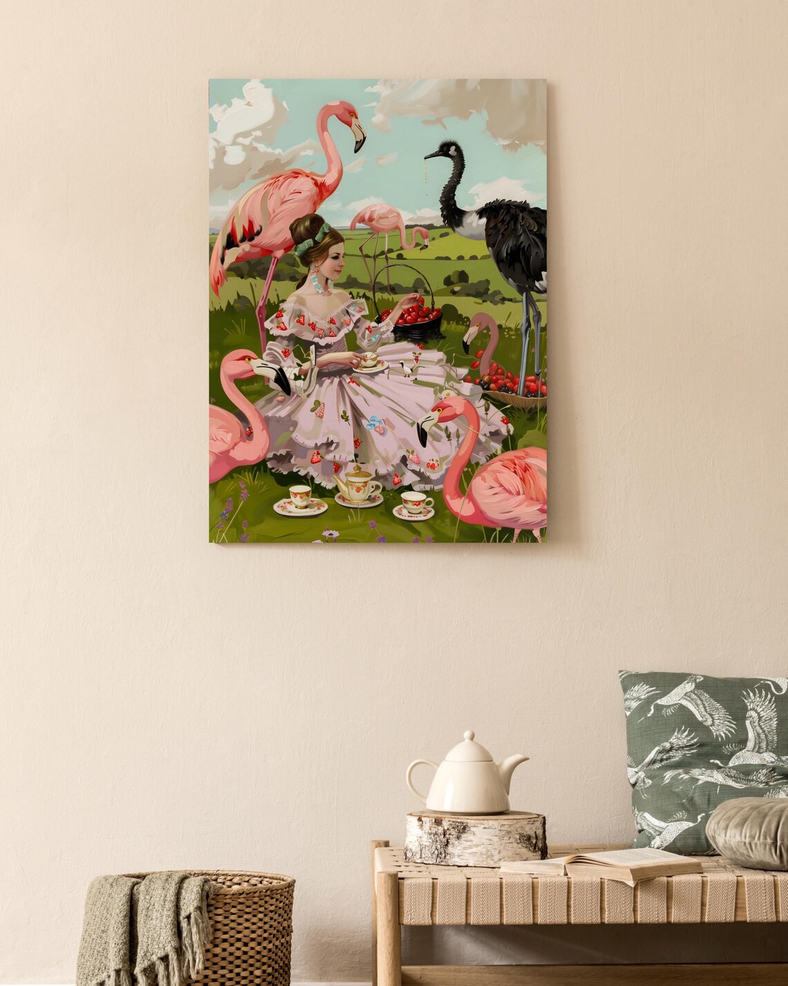Lady's Strawberry Dress Tea Party in a Field of Flamingos Poster - Image 2