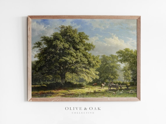 Oak Tree Landscape Oil Painting, Vintage Art Print