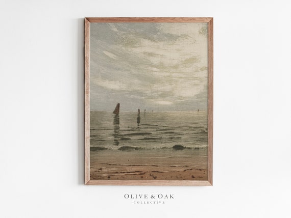 Vintage Coastal Painting, Neutral Ocean Art Print