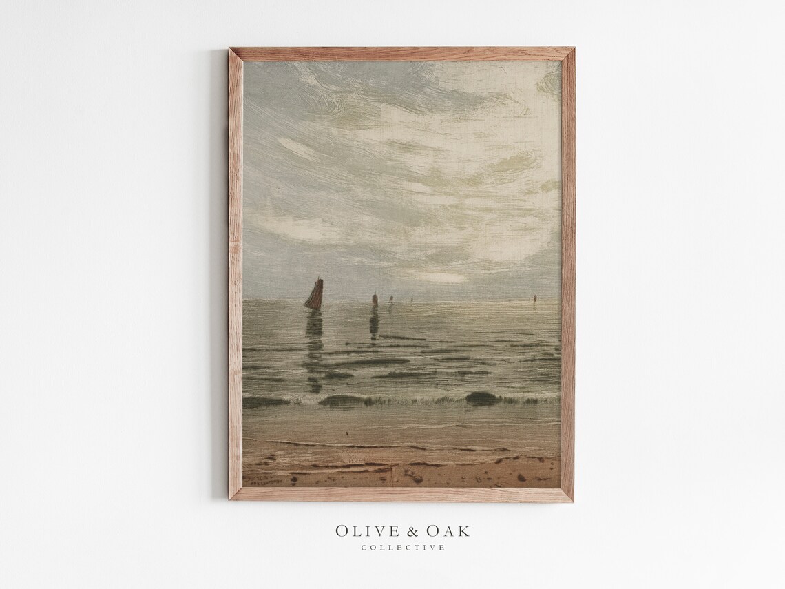 Vintage Coastal Painting, Neutral Ocean Art Print