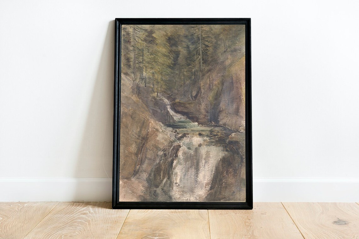 Rustic Waterfall Art Print, Muted Watercolor Landscape - Image 3