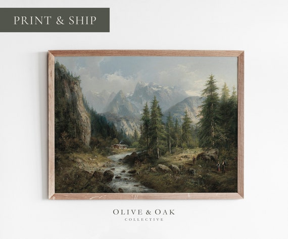 Rustic Mountain Landscape Painting Framed Wall Art Mountain Art Print Cabin Wall Decor 356 M