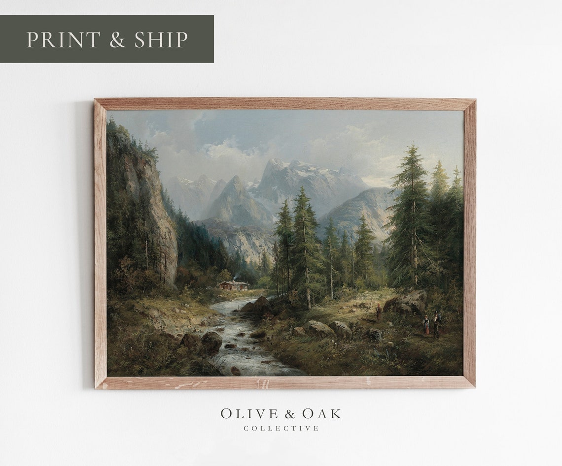 Rustic Mountain Landscape Painting Framed Wall Art Mountain Art Print Cabin Wall Decor 356 M