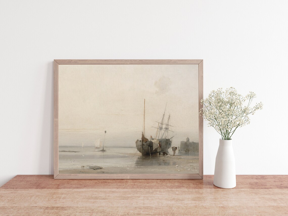 Vintage Neutral Seascape Painting, Nautical Coastal Art Print - Image 3