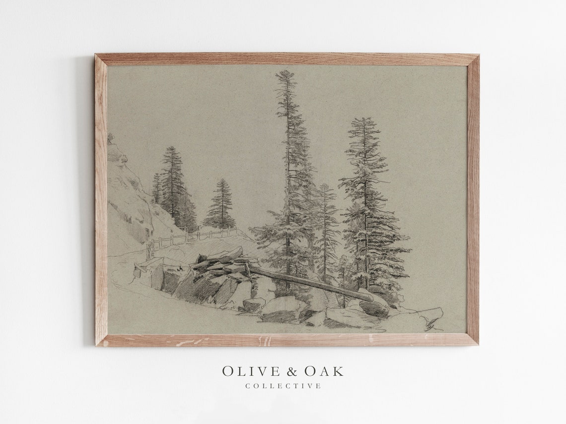 Rustic Landscape Drawing Spruce Tree Sketch Print Neutral Cabin Decor 345