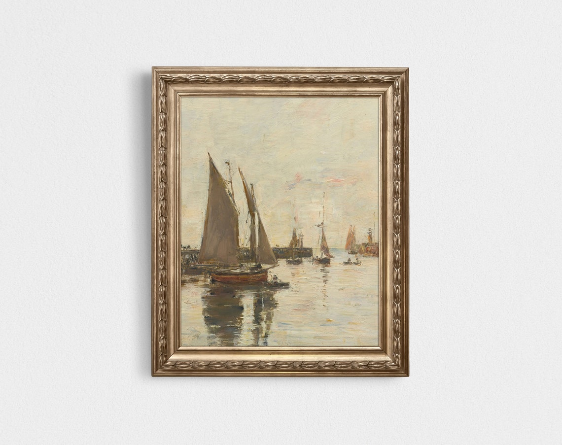 Neutral Seascape Antique Ship Vintage Oil Painting - Image 4