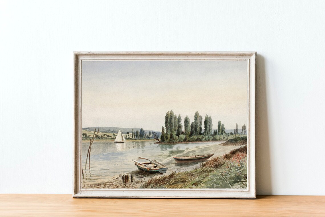 Muted Sailboat Vintage Coastal Painting, Art Print - Image 4