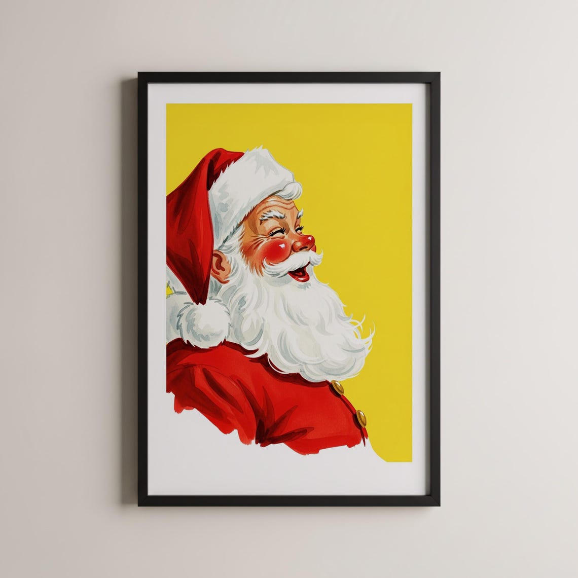 Retro Laughing Santa Claus Yellow Background Vintage Christmas Poster