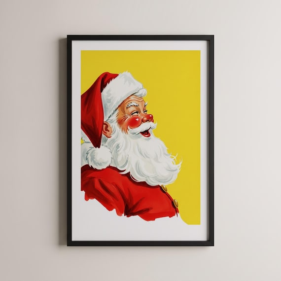 Retro Laughing Santa Claus Yellow Background Vintage Christmas Poster