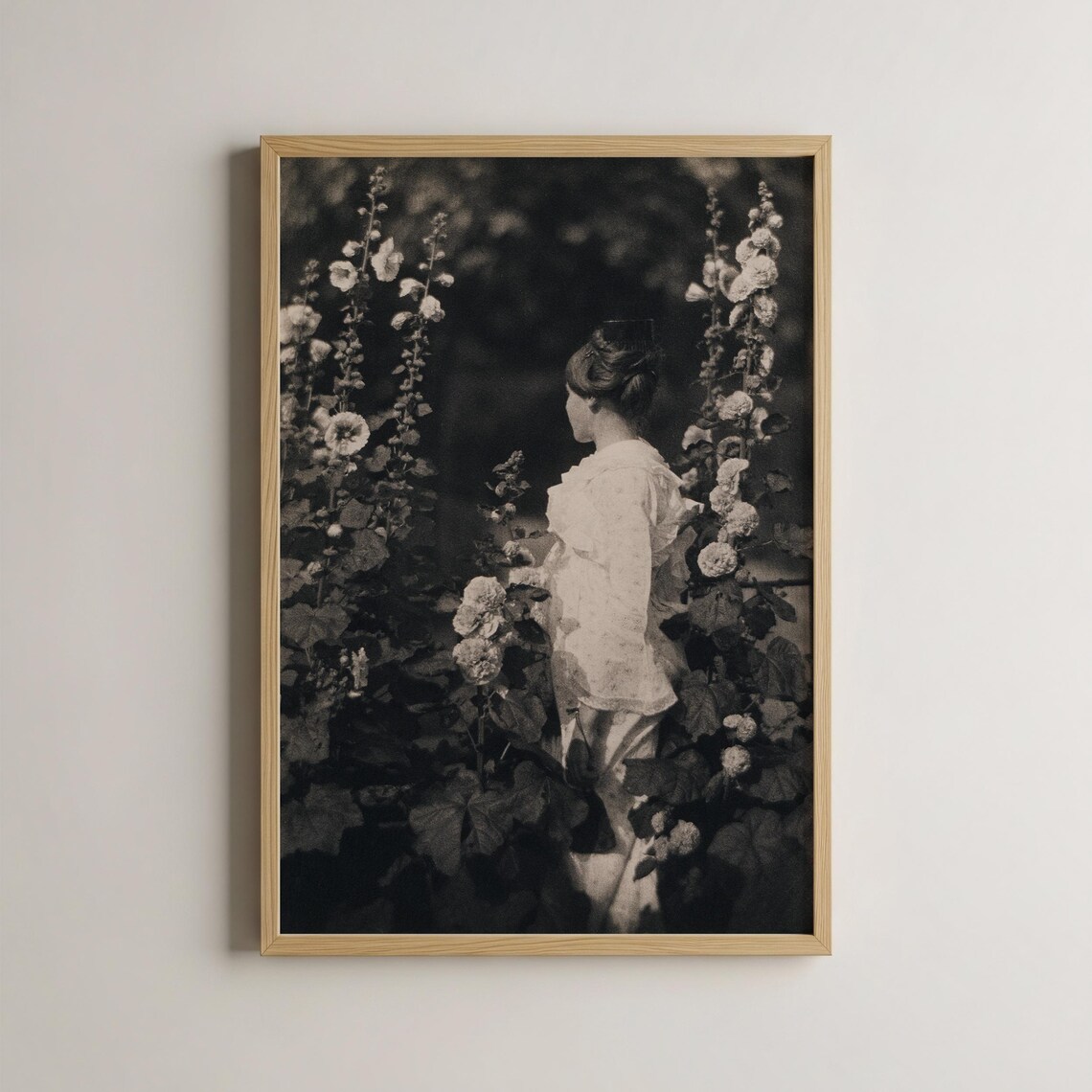 Vintage Sepia Woman Among Hollyhocks Floral Portrait Art Poster